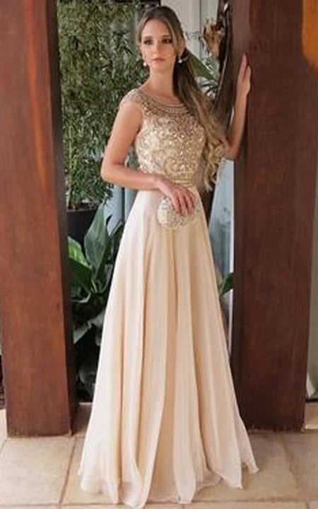 Cap Scoop-neck Empire A-line Chiffon Beaded Pearl Pink Evening Prom Dress