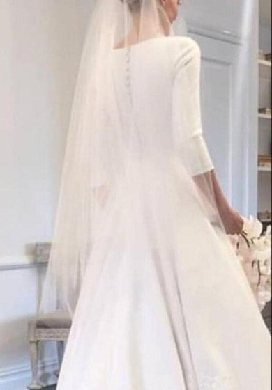 Modest Satin A-line 3/4 Sleeve Wedding Dress with Full Covered Back