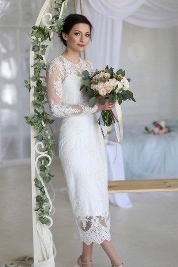 ankle length wedding dresses Split Back Sheath Ankle-length Wedding Dress With Illusion Lace Appliq – Ms. Grace