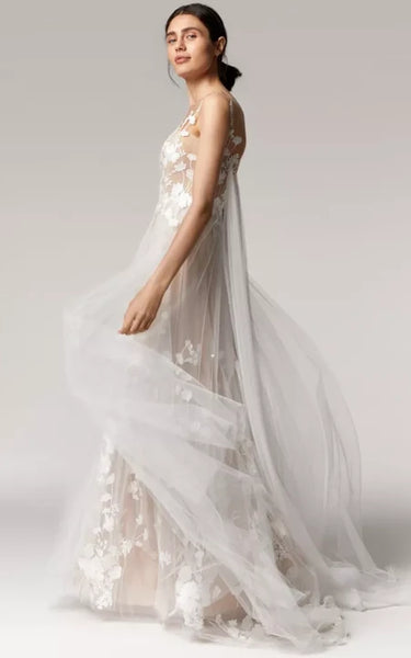 Ethereal Sleeveless Tulle Empire Waist Pleated Wedding Dress with Lace Applique