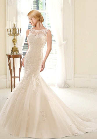 Sleeveless Illusion Neck Mermaid Lace Wedding Dress With V Back