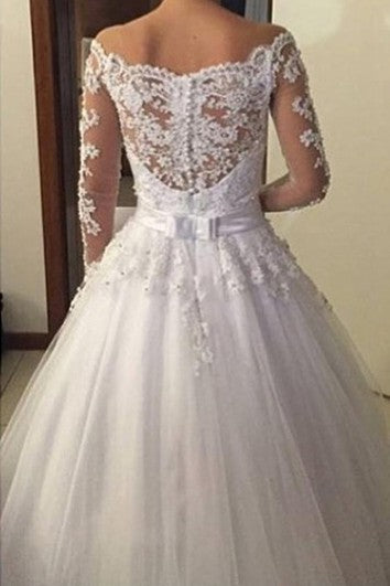 Gorgeous Off-shoulder Long-sleeved Lace Ball Gown Illusion Style