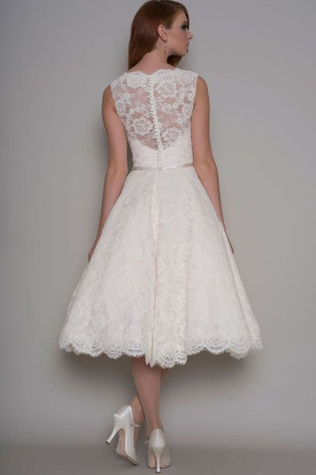 Tea-Length A-Line Appliqued V-Neck Sleeveless Lace Wedding Dress