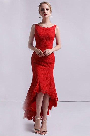 Jednoduché krajkové mořské šaty bez rukávů s vysokým a nízkým střihem a hlubokým výstřihem do V na zip na zádech