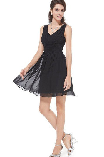 Sleeveless V-neck A-line Short Ruched Chiffon Dress