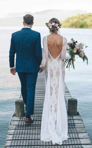 Bateau-neck Lace Long Sleeve Boho Deep-v Neck Wedding Dress