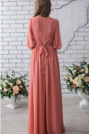 Anlass Langes Chiffon Pfirsich Hochzeit Mutter der Braut Mit Ärmel Kleid