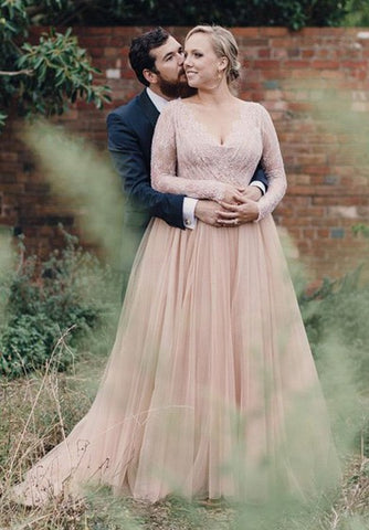 Plus Size Sexy Champagne/Blush Country Long Sleeve V Neck Ethereal Tulle Lace Wedding Dress