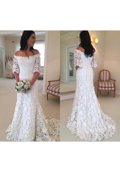 Vintage Bohemian Off The Shoulder Halblange Ärmel Spitze Brautkleid