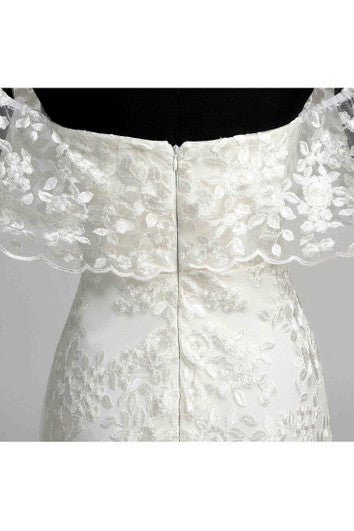 Robe de mariée sirène trompette à manches mi-longues avec bonnet de renouvellement de vœux