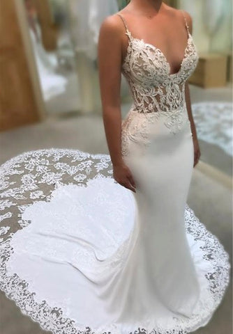 Sexy Plunging Spaghetti Lace Bridal Gown With Cathedral Train