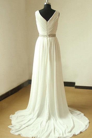 Chiffon Lace Weddig Dress With Beading Sash Ribbon