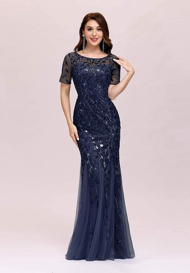 تول الترتر بطول الأرض حورية البحر قصيرة الأكمام خمر فستان متواضع مع الطيات