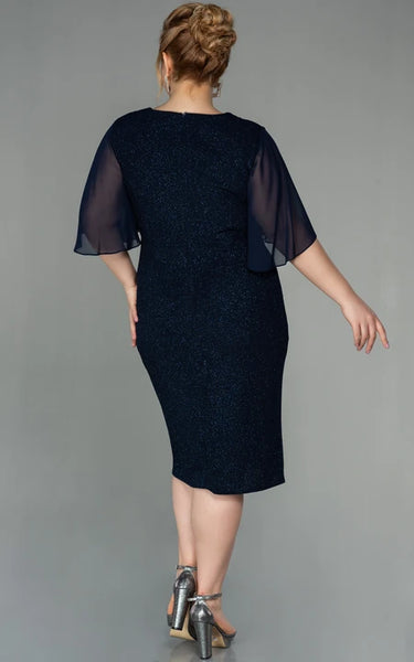 V-neck Poet-sleeve Pencil Plus Size Sequin Mother of Bride Dress with Draping