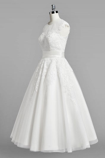 Jewel Neck Cap Sleeve A-Line Lace Wedding Dress With Ruched Belt