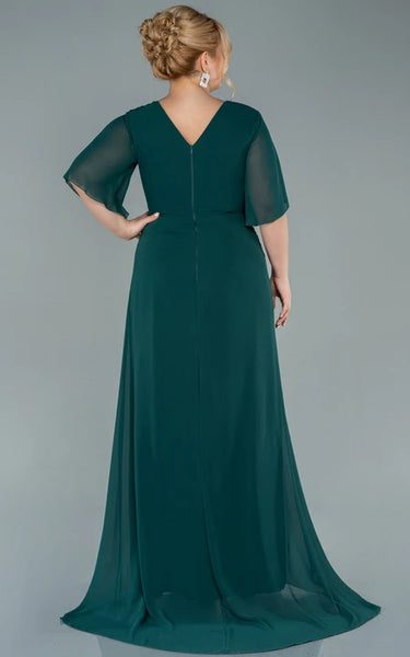 Elegant Half-sleeve V-neck Empire Chiffon Slit Front Draped Plus Size Mother of Bride Dress