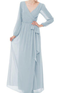 Long Sleeve V-neck Chiffon Long Dress with Bow