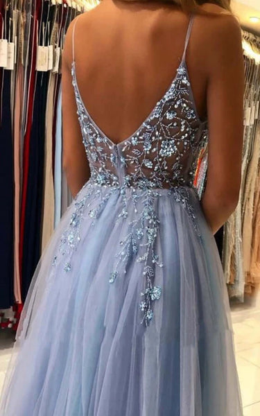 Spaghetti Front Split Tulle Pleated A-line Prom Dress with Crystal Detailings