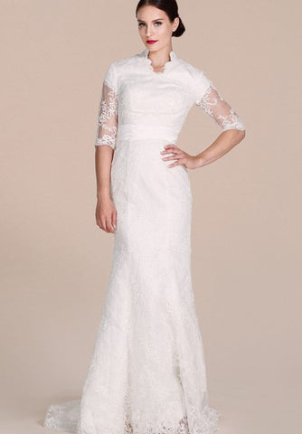 Half-sleeved Lace Gown With Illusion Sleeves