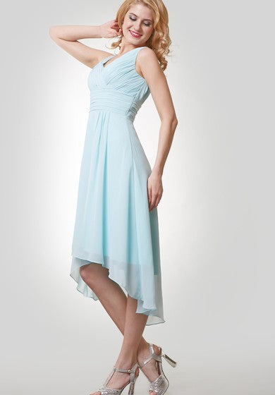 High-Low Chiffon Sleeveless V-Neck Dress With Ruching