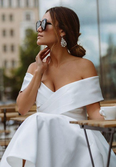 Vintage A Line Off-the-shoulder Satin Tea-length Sleeveless Wedding Dress with Criss Cross and Ruching