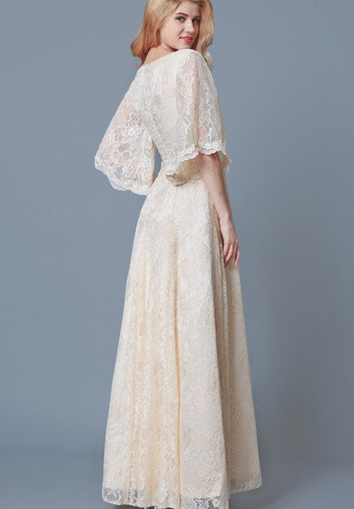 Elegant Bell Sleeve A-line Long Lace Dress With V-neck