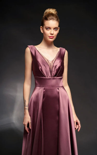 V-neck Sleeveless Satin Dress with Beadings and Low-v Back