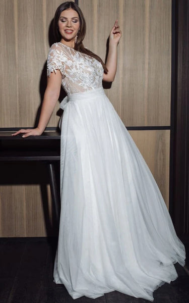 Bateau-neck Cap-sleeve A-line Chiffon Plus Size Wedding Dress with Illusion Top