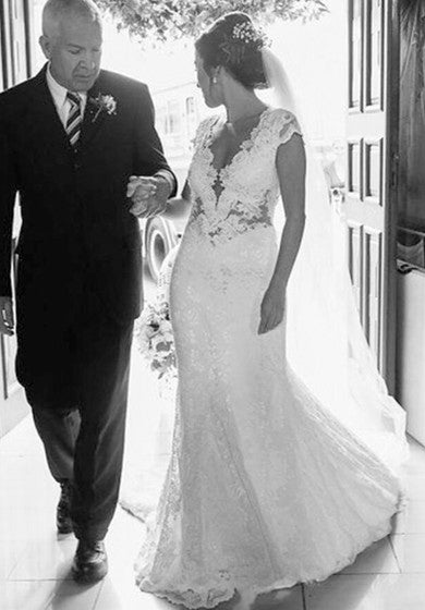 Ilusión Tulle Back Cap Manges Sexy Mermaid Lace Bridal Vestido con tren judicial