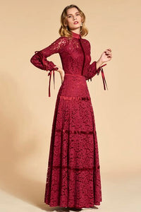 3/4 Sleeve High Neck Vintage Lace Sheath Dress With Bow Appliques