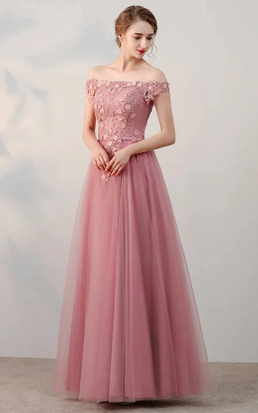 Blush Off-the-shoulder Empire Tulle Lace Applique Pleated Floor-length Prom Dress