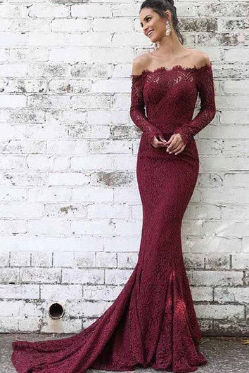 Lace Floor-length Court Train Trumpet Long Sleeve Simple Prom Dress