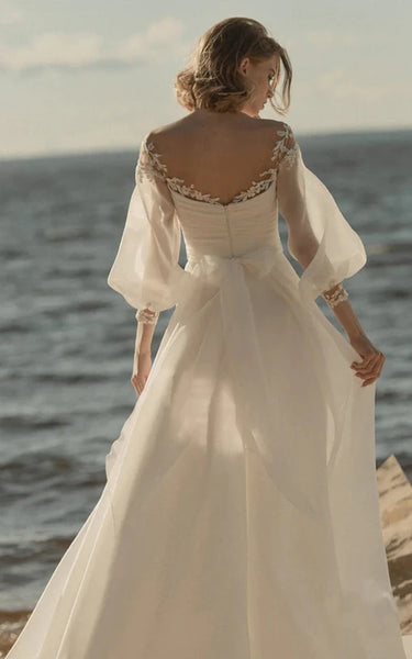 Puff 3-4-sleeve Scoop-neck Empire Ruched Chiffon Beach Wedding Dress with Bow