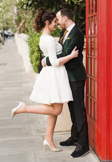 Long Sleeve Satin Knee Length A-Line Short Wedding Dress With Bateau Neckline