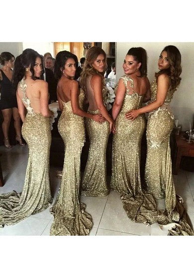 Halter Sweetheart en V-Cinco A-Línea Llegado de lentejuelas sin mangas de la dama de honor con espalda abierta