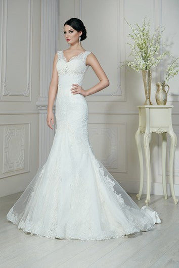 Trompetenförmiges bodenlanges V-Ausschnitt-Ärmelloses Spitzenkleid mit Korsett-Rücken und Perlenbesatz