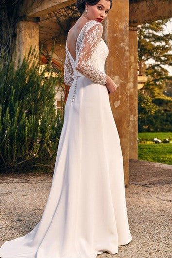 Modest Sheath V-neck Lace Satin Sweep Train Long Sleeve Deep-V Back Wedding Dress