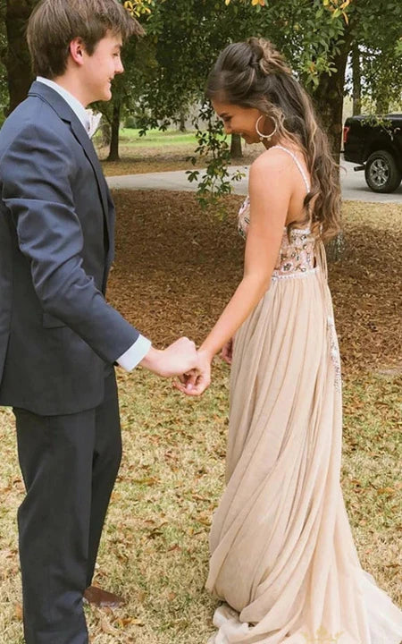 Spaghetti špagetové ramínka, šifon s korálky, aplikace s korálky, plesové šaty