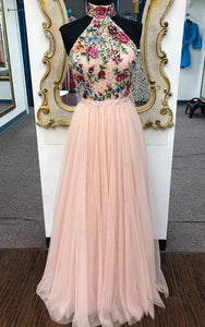 High-Neck Sleeveless Empire Tulle Prom Dress with Floral Applique