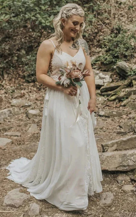 Lässiges Spaghetti-ärmelloses Country-Chiffon-Brautkleid