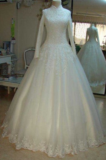 Vintage Beaded Lace High Neck Wedding Dresses with Long Sleeves