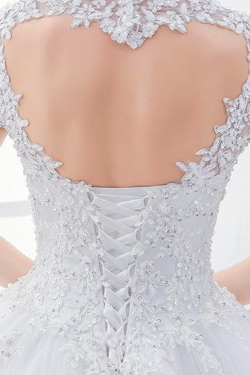 Queen Anne Lace Elegant Wedding Ball Gown Dress With Corset And Keyhole Back