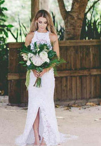 Sexy Bohemian High Neck Front Split Beach Simple Lace Backless Wedding Dress