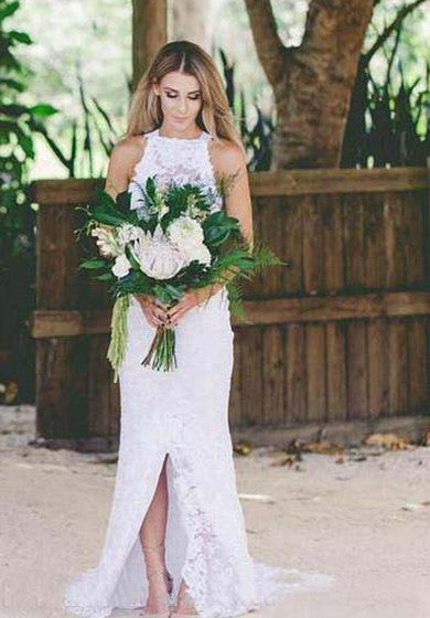 Sexy Bohemian High Neck Front Split Beach Simple Lace Backless Wedding Dress