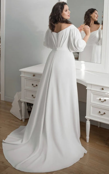 Scoop-neck Chiffon Puff-sleeve Ruched Empire Plus Size Wedding Dress