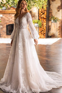 Romantic A Line Chiffon Scalloped Court Train Wedding Dress with Appliques