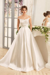 A-Line Floor-Length Off-The-Shoulder Lace-Up Satin Dress