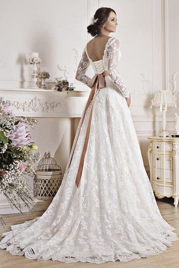 A-Line Floor-Length V-Neck Illusion-Sleeve Corset-Back Lace Dress With Appliques And Bow