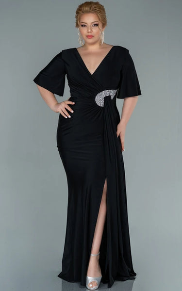 Charming V-neck Half-sleeve Sheath Mermaid Ruched Front Split Plus Size Evning Dress