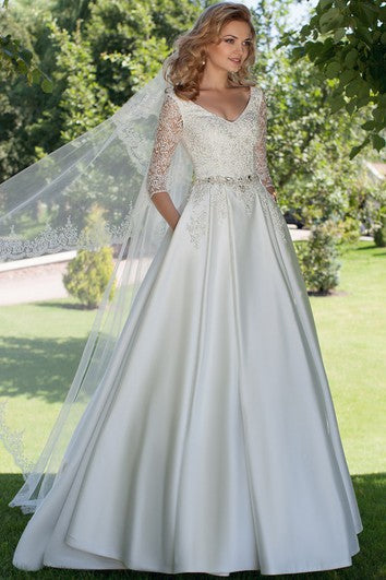 A-Line V-Neck Appliqued 3-4 Sleeve Satin Wedding Dress